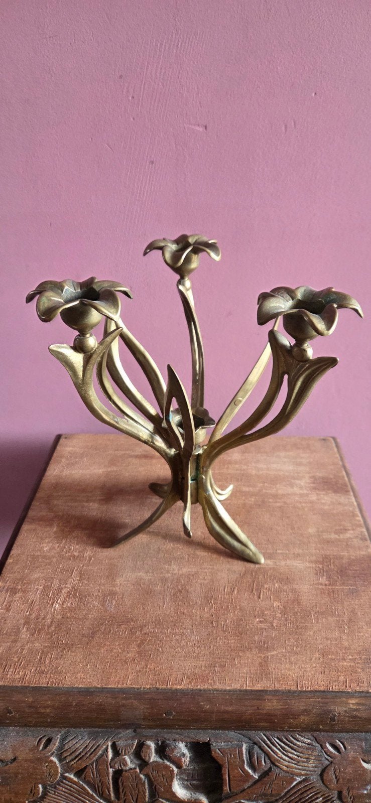 Art Nouveau messing bloemen kandelaar, Ophalen of Verzenden, Koper of Brons