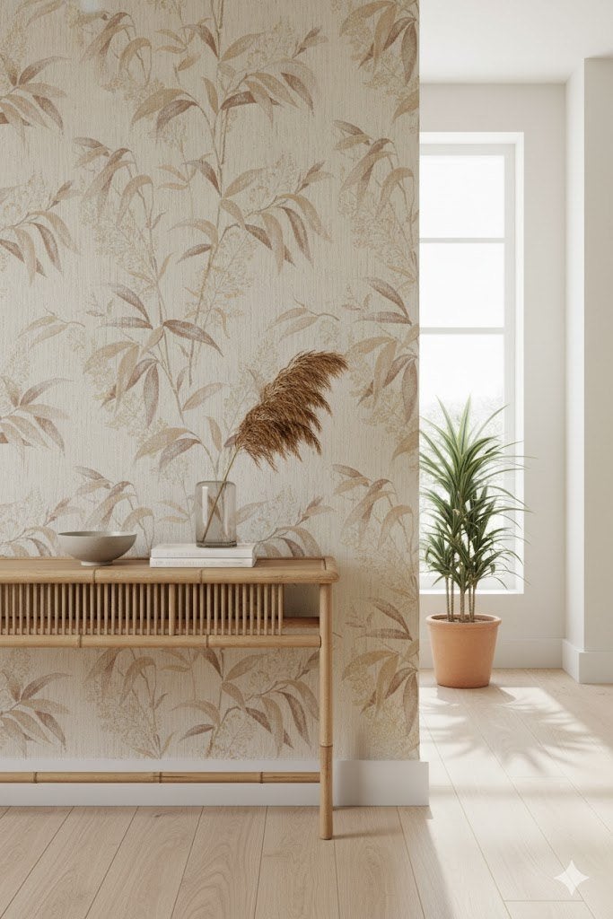 7062 zand botanisch vintage behang warme rustige sfeer swiet, Ophalen of Verzenden, Beige