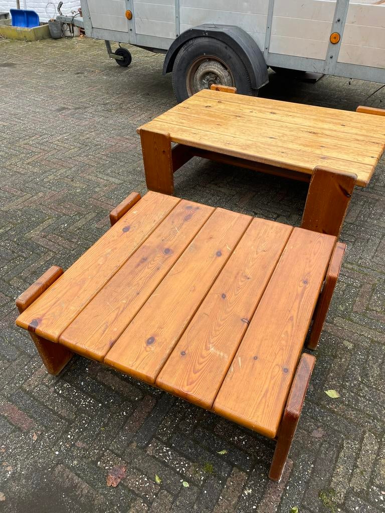 Set van 2 Brutalist grenen salontafels, Gebruikt, 50 tot 100 cm, Rond, Minder dan 50 cm