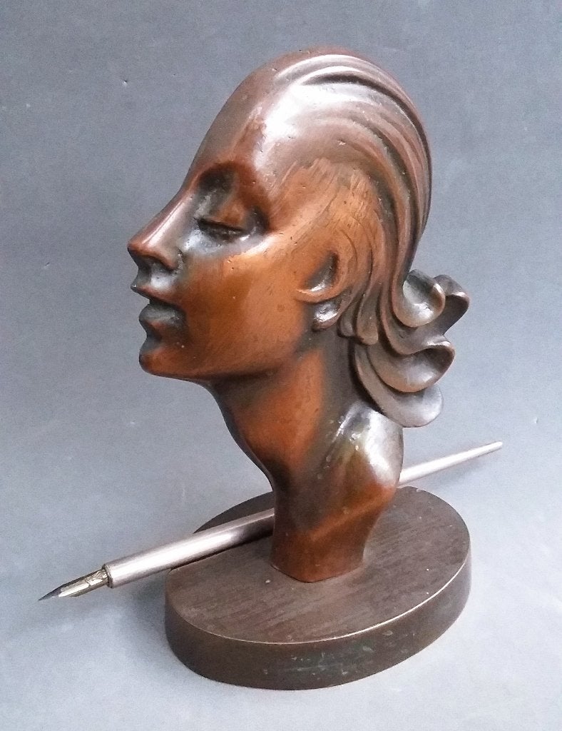 Om 1925 Art Deco Jugendstil Bureau Buste Beeld Pen Aflegger, Ophalen of Verzenden