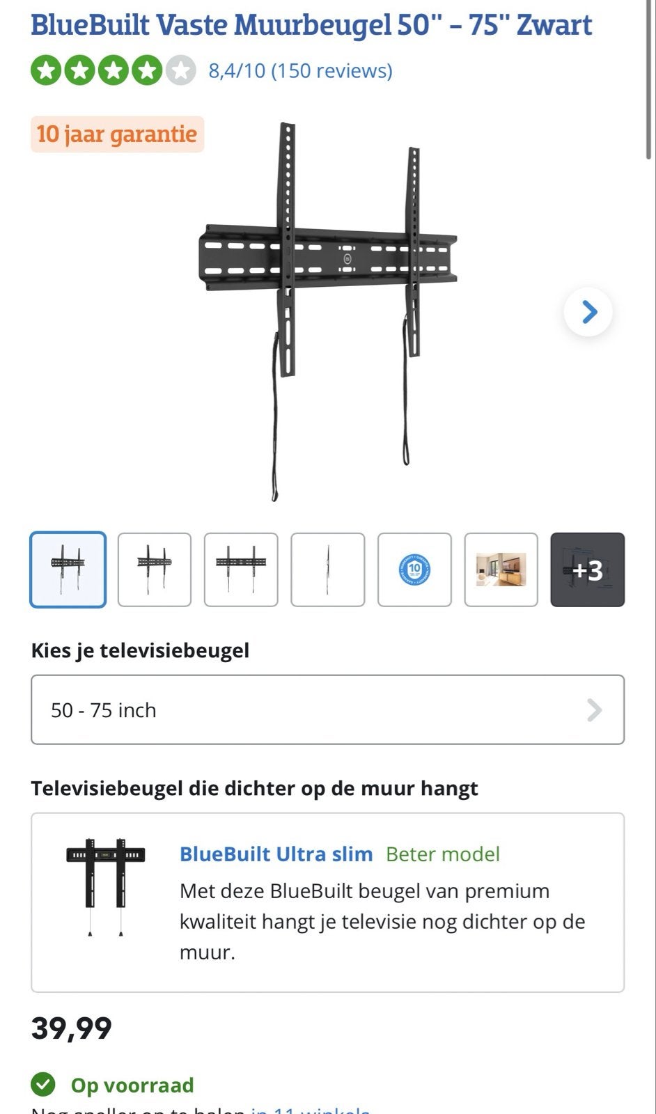 BlueBuilt Vaste Muurbeugel 50"-75" Zwart, Audio, Tv en Foto, Televisiebeugels, Ophalen of Verzenden, Nieuw