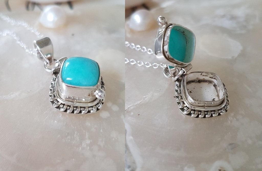Zilveren 925 Medaillon met Amazoniet / Mantra Box ketting, Verzenden, Nieuw, Met edelsteen, Zilver