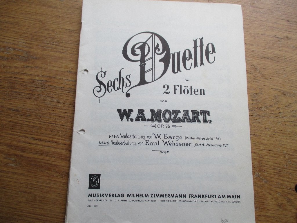 Mozart: Zes Duetten voor 2 Fluiten, Op. 75 - Bladmuziek, Gebruikt, Klassiek, Dwarsfluit of Piccolo, Ophalen of Verzenden