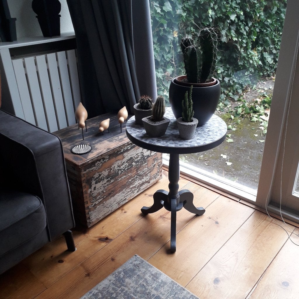 Gemozaiekt antiek houten tafeltje, Ophalen, 50 – 75, Minder dan 50 cm, Rond