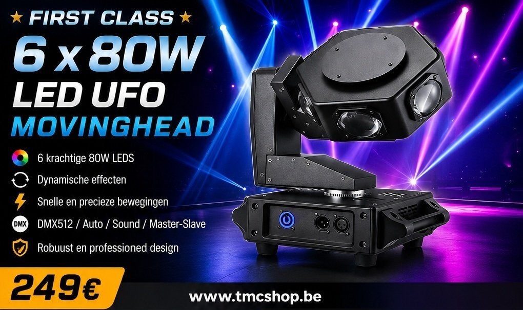 Nieuwe First Class 6 x 80W Led Ufo Movinghead, Muziek en Instrumenten, Licht en Laser, Ophalen of Verzenden, Nieuw, Licht, Geluidgestuurd