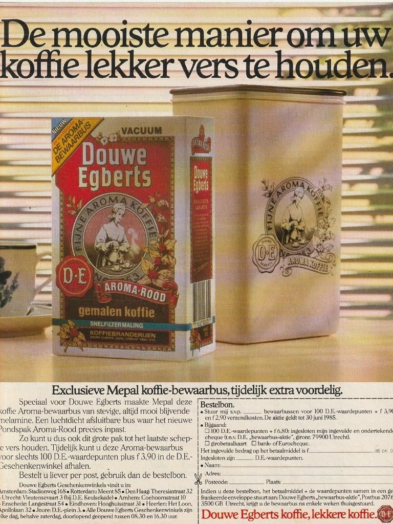 Retro reclame 1985 Douwe Egberts koffiebus bewaarbus, Verzamelen, Retro, Verzenden, Overige typen