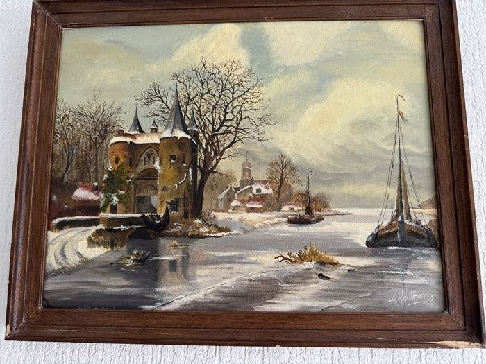 A. Houtman. Stadspoort aan Bevroren Rivier uit 1985., Antiek en Kunst, Ophalen of Verzenden, Klassiek, Landschap, Doek