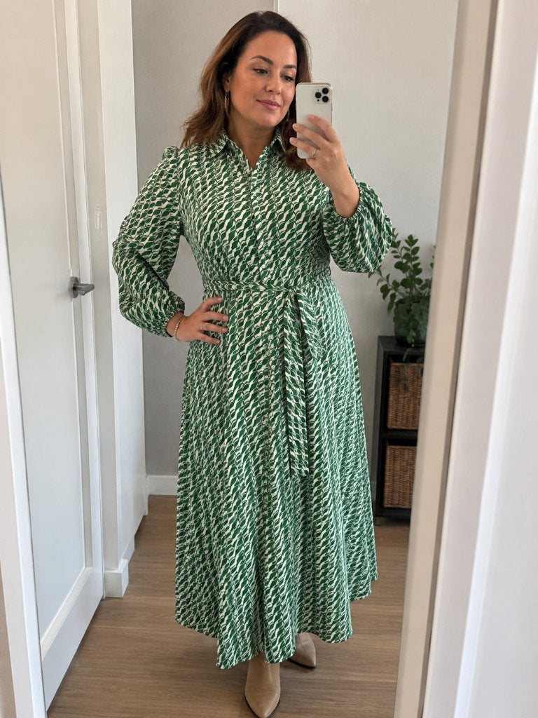 ZARA maxi blousejurk – Groen/wit print – Maat XL, Verzenden, Zara, Maat 42/44 (L), Gedragen