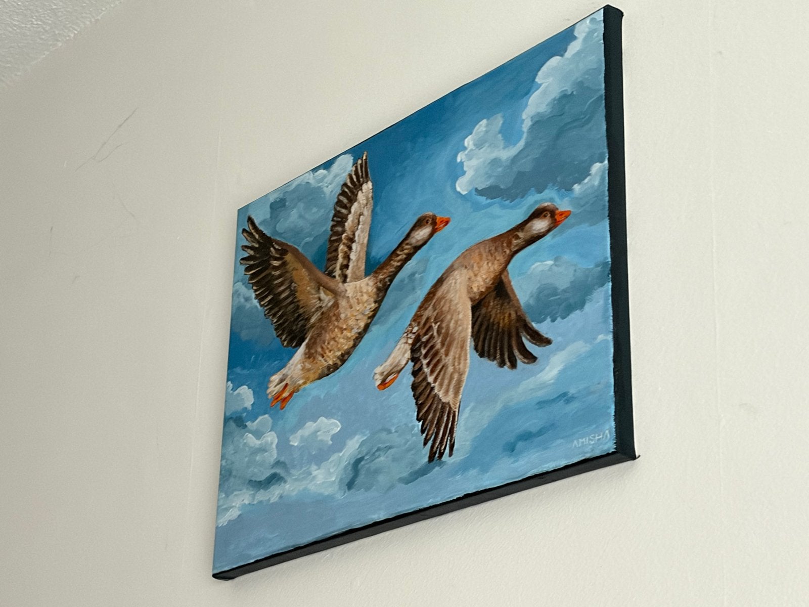 Gesigneerd Ganzen Schilderij, Acrylverf, Handgeschilderd, Ophalen of Verzenden, Dieren