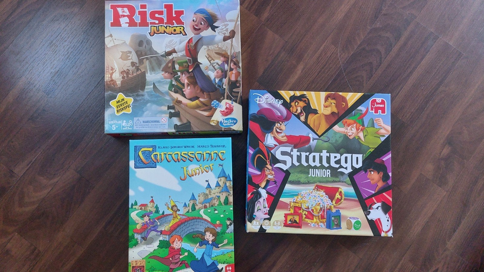 3 Leuke Junior Bordspellen: Risk, Stratego & Carcassonne, Een of twee spelers, Ophalen of Verzenden, Gebruikt, Hasbro, Jumbo, 999 Games