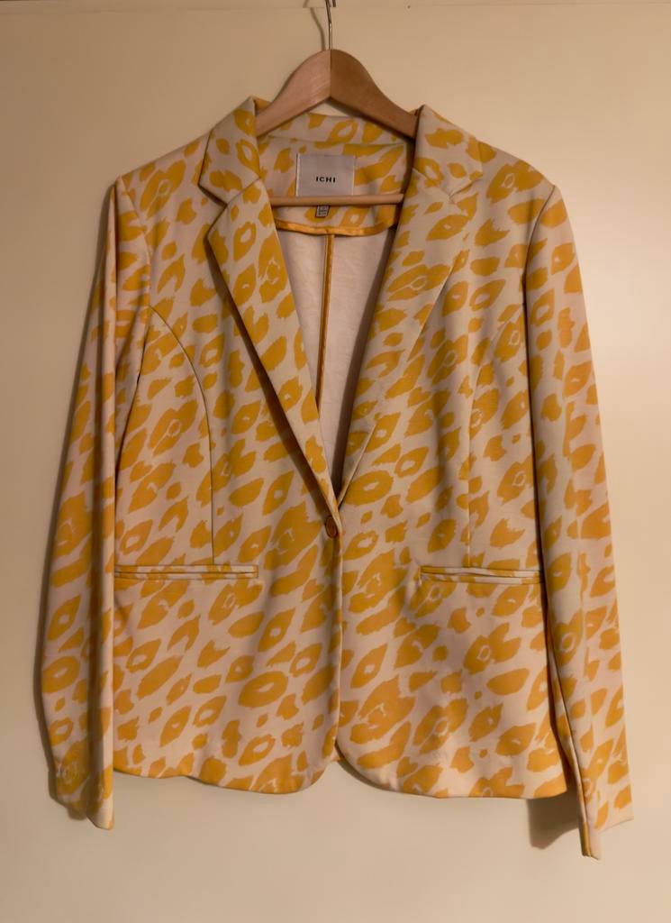 ICHI Geel Panterprint Blazer - Maat XL, Kleding | Dames, Jasjes, Kostuums en Pakken, Zo goed als nieuw, Jasje, Maat 42/44 (L)