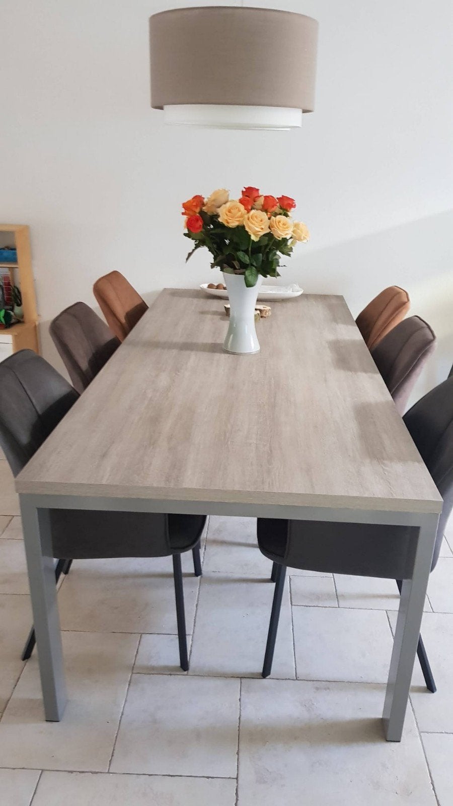 Moderne Eettafel (+ salontafel) houtlook / grijs 225x100, Huis en Inrichting, Gebruikt, 100 tot 150 cm, Vijf personen of meer