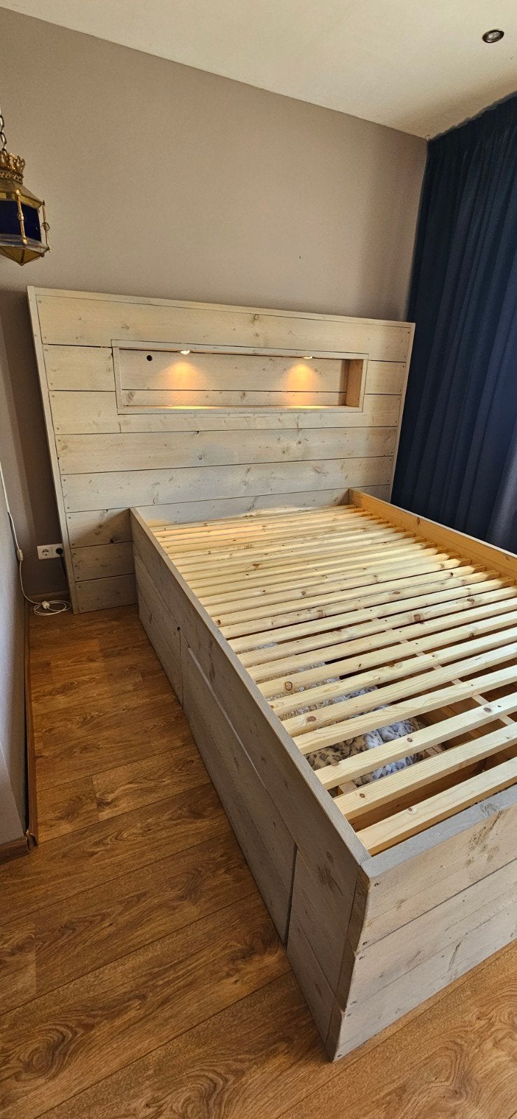 Steigerhouten tweepersoons bed met lades en verlichti, Ophalen, Overige kleuren, 210 cm, Steigerhout