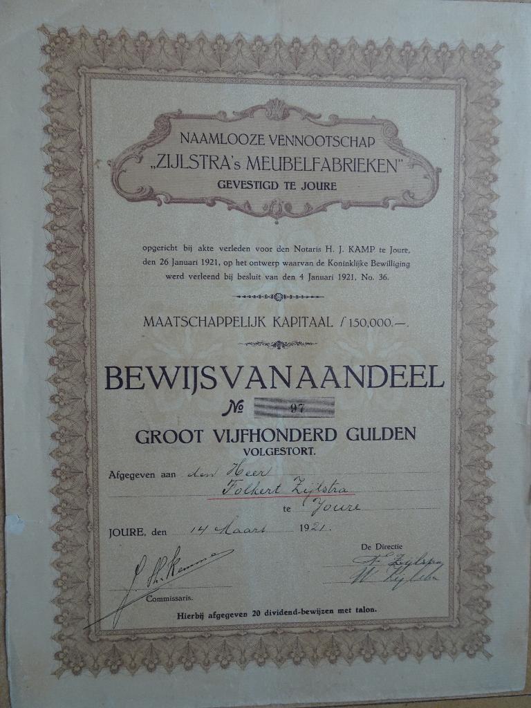 Aandeel 500 gulden Zijlstra's Meubelfabrieken te Joure 1921, Ophalen of Verzenden, 1920 tot 1950, Aandeel