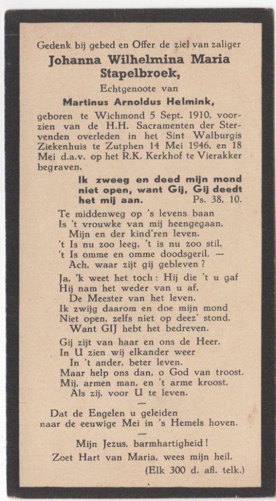 Johanna Stapelbroek 1910 Wichmond + 1946 Zutphen, 35 jaar, Verzenden