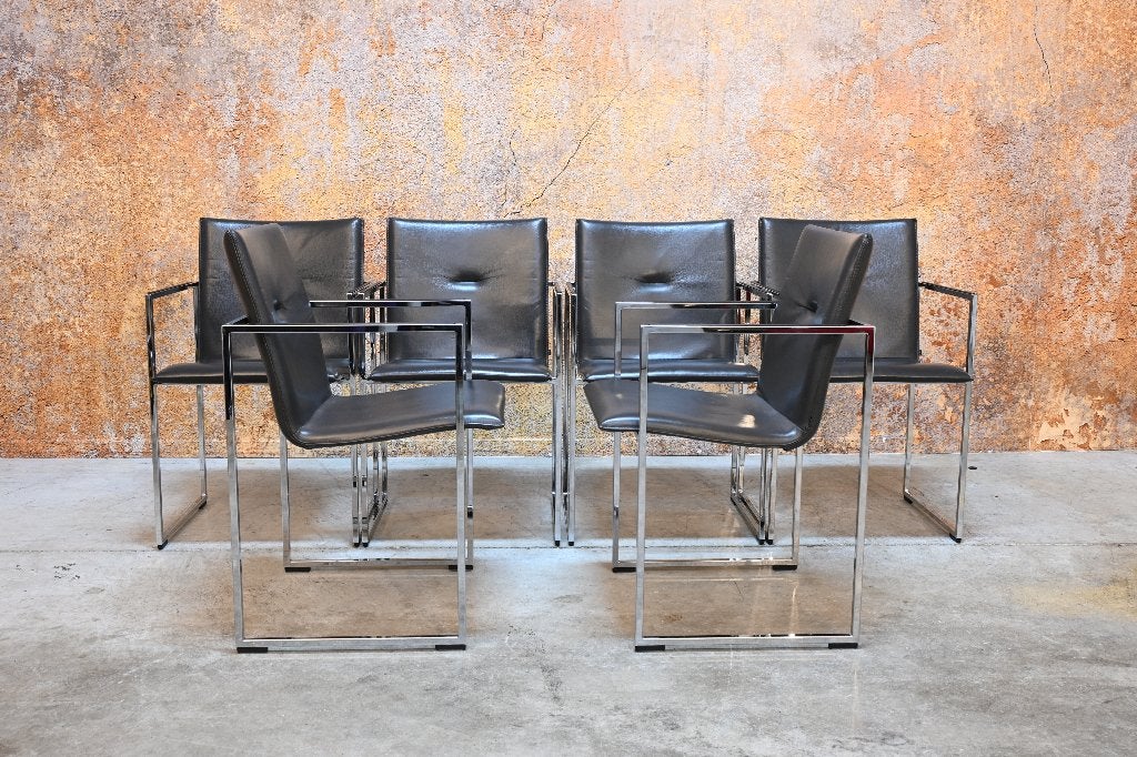 ZGAN 6 grijze leren Arco Frame design stoelen, Huis en Inrichting, Arco, Ophalen of Verzenden, Zo goed als nieuw, Grijs