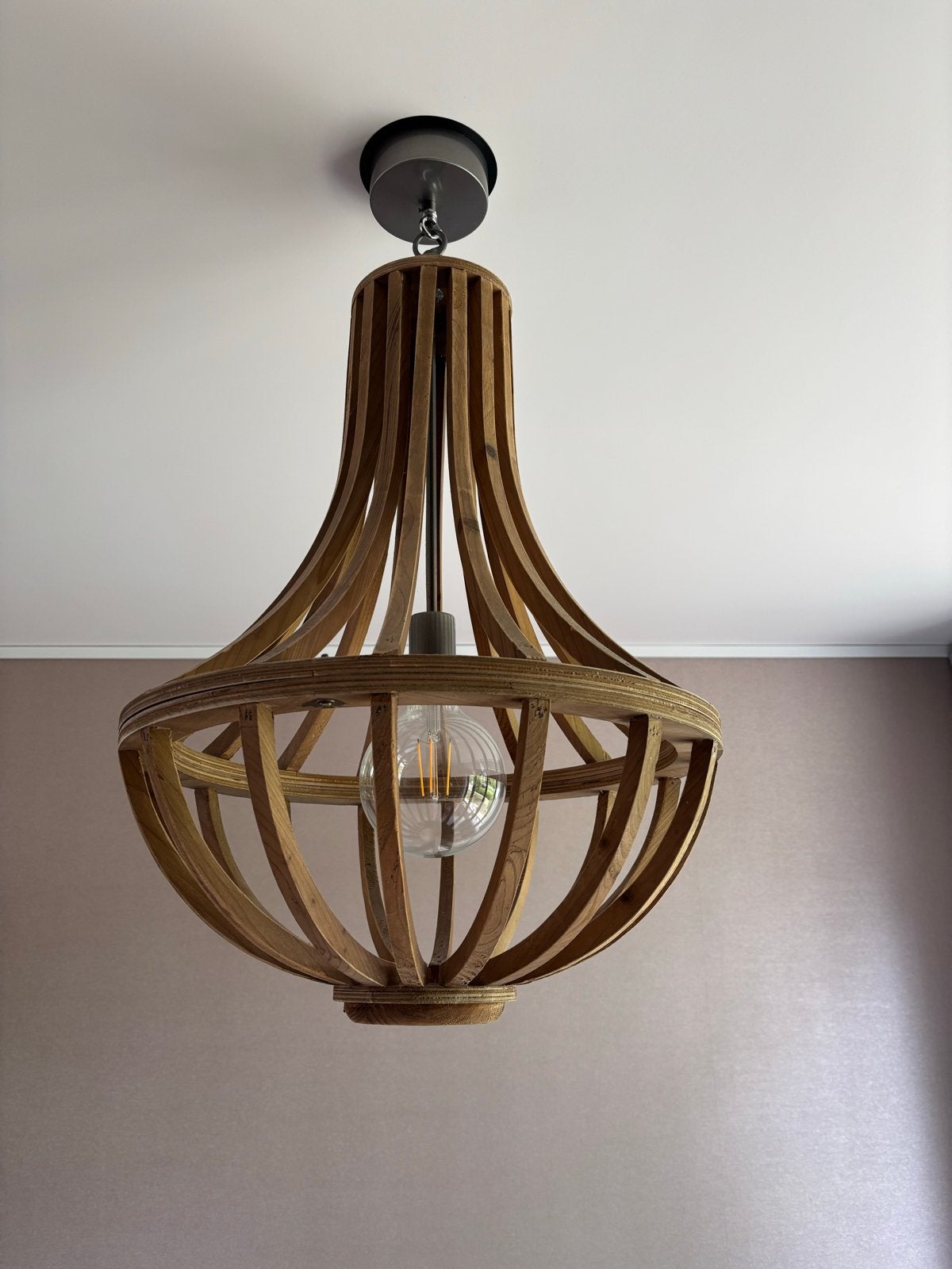 houten hanglamp, kroonluchter, Lisa Karwei, E27, 70 cm, Huis en Inrichting, Ophalen of Verzenden, Zo goed als nieuw, Hout, 50 tot 75 cm