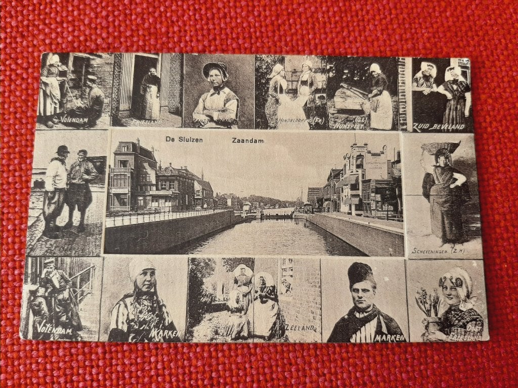 oude kaart Zaandam Sluizen, klederdracht tegelrand, 1918?, Verzamelen, Ophalen of Verzenden, Voor 1920, Ongelopen, Noord-Holland