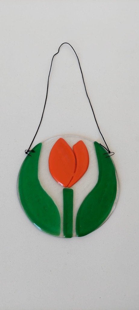 Vintage Fused Glas glazen Raamhanger Tulp (Ø 15 cm), Antiek en Kunst, Ophalen of Verzenden