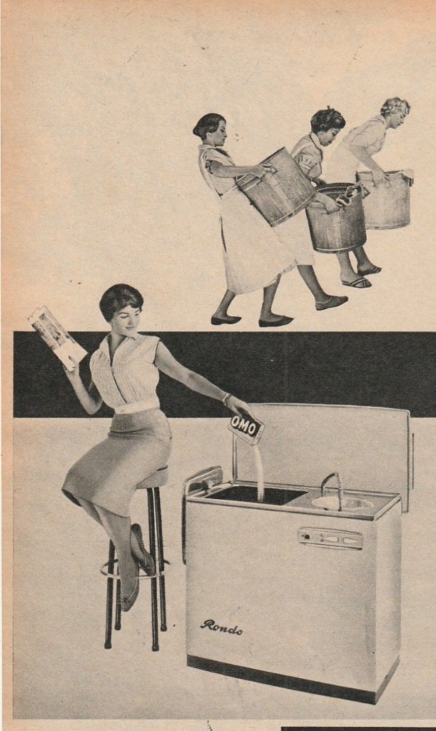 Retro reclame 1958 Rondo wasmachine Irene met Omo, Verzamelen, Verzenden, Overige typen