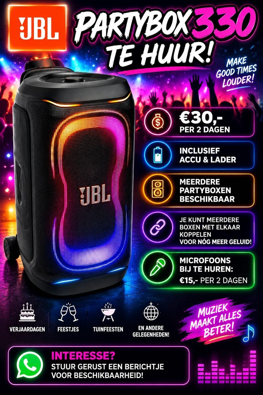 JBL Partybox 330 - Party Speaker te huur 2 dagen 30 euro, JBL, Party speaker, Zo goed als nieuw, Bluetooth
