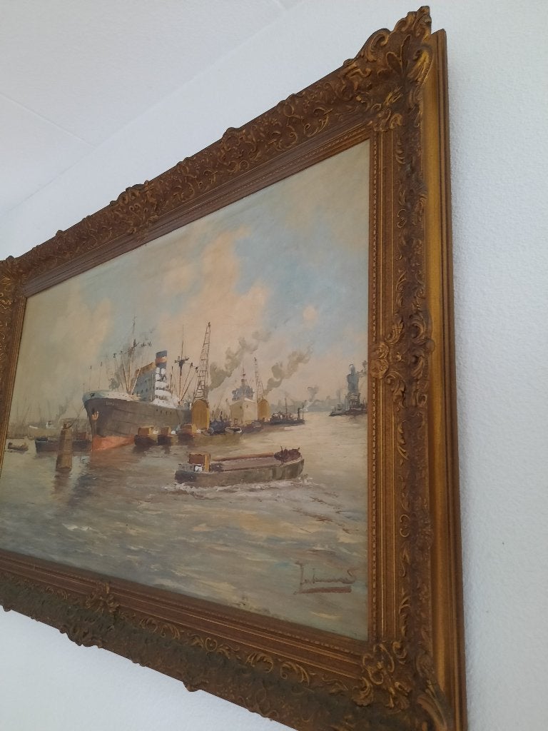 Schilderij rotterdamse havengezicht, Maritiem / water, Doek, Bijzondere lijst, Ophalen of Verzenden