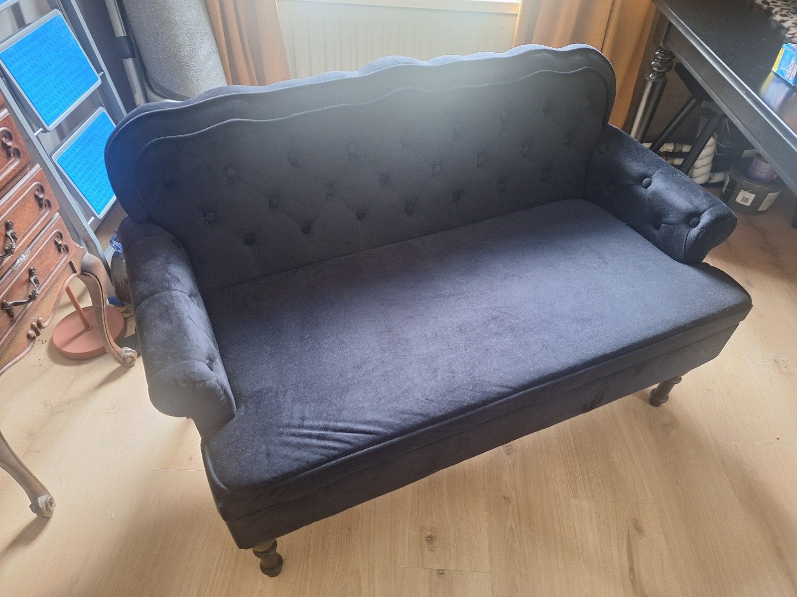 Zwart velours eettafelbankje, zgan, 120x57 cm, Ophalen, Minder dan 75 cm, Tweepersoons, Zo goed als nieuw