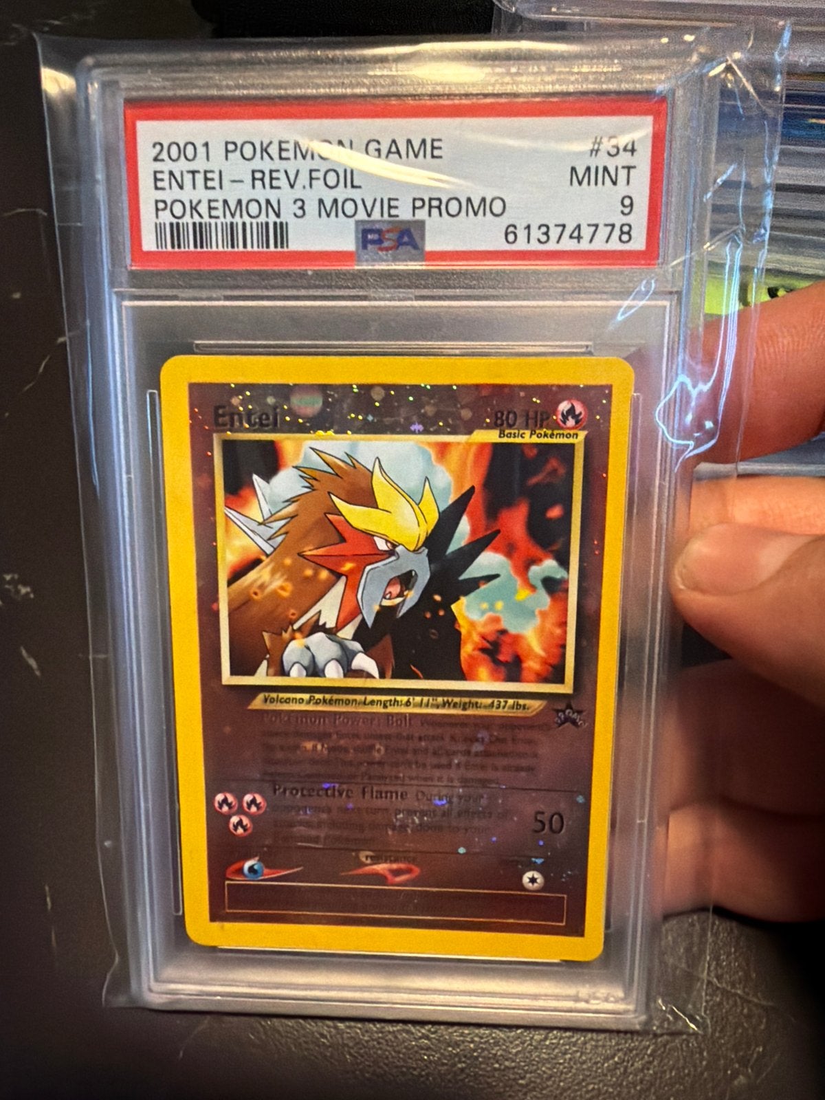 PSA 9 MINT Entei Reverse Foil Pokémon 3 Movie Promo Kaart, Ophalen of Verzenden, Zo goed als nieuw, Losse kaart, Foil