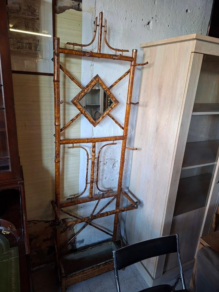 Vintage bamboe kapstok met spiegel, Ophalen, Gebruikt, Staande kapstok, 150 tot 200 cm