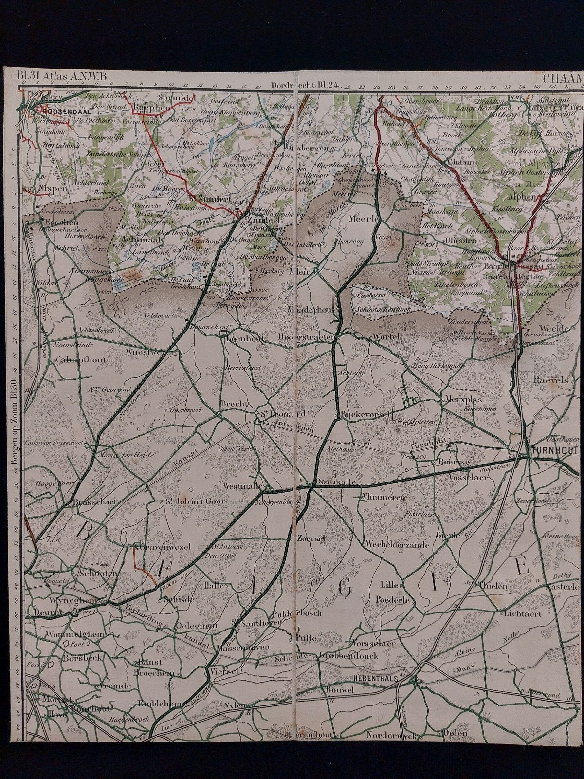 31 / Chaam en omgeving plattegrond uit Atlas ANWB uit 1920, Boeken, Gelezen, ANWB, Ophalen of Verzenden, Landkaart