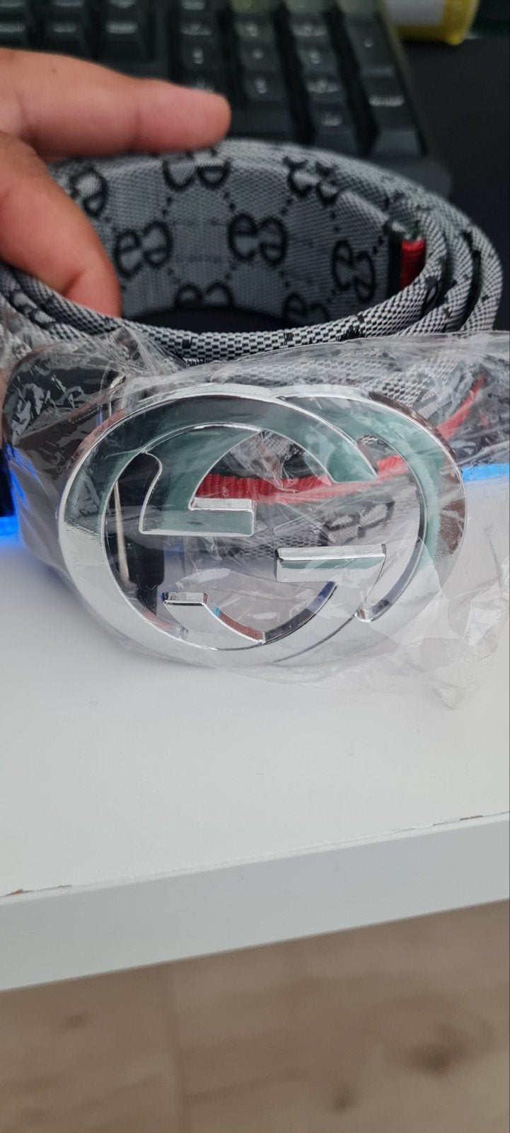 Gucci riem met GG-logo gesp - Grijs/Rood/Groen, Kleding | Dames, Riemen en Ceinturen, Overige kleuren, Nieuw, Heupriem, Ophalen of Verzenden