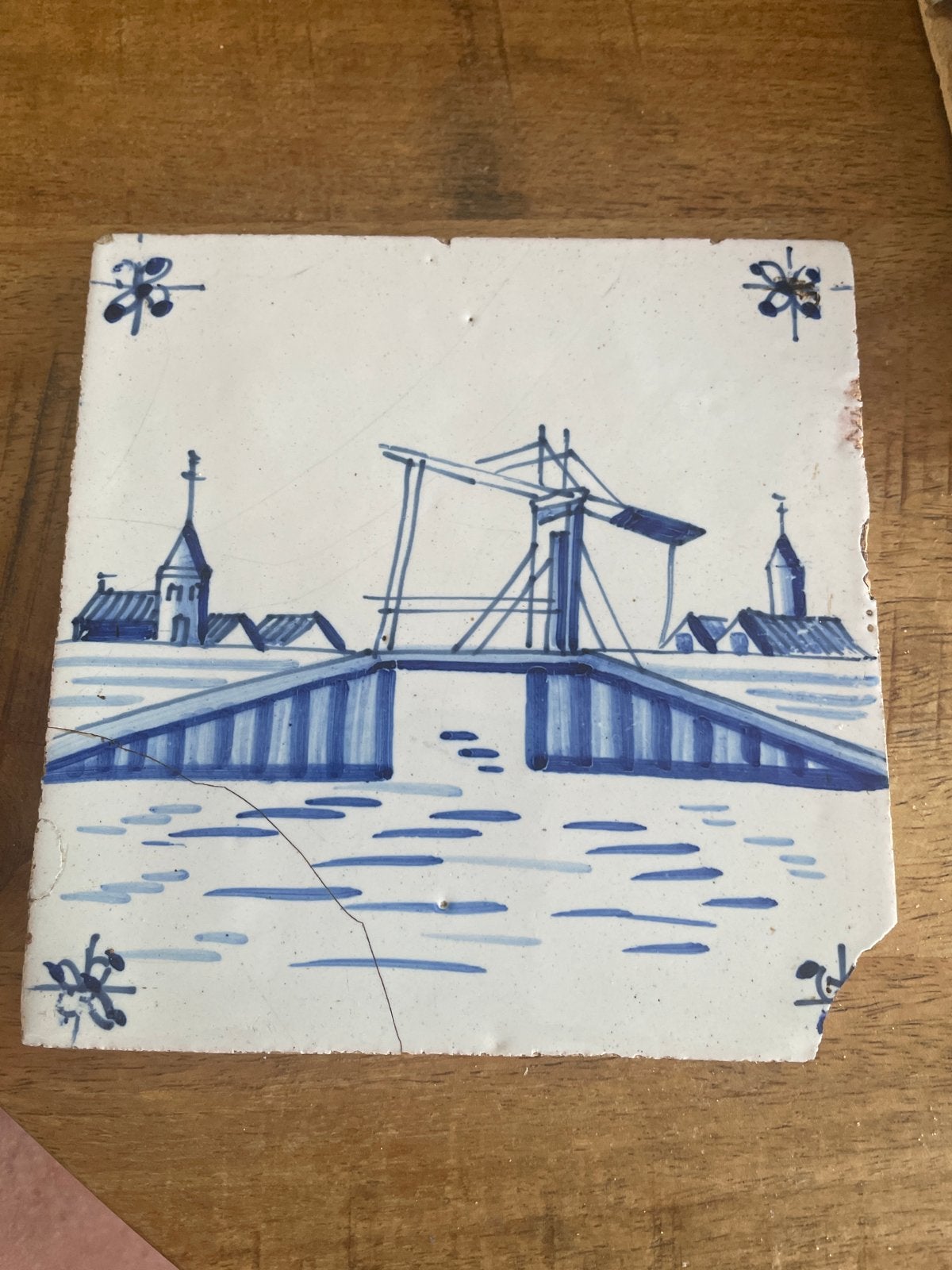 Antieke Delfts Blauwe Tegel met Ophaalbrug Motief, Ophalen