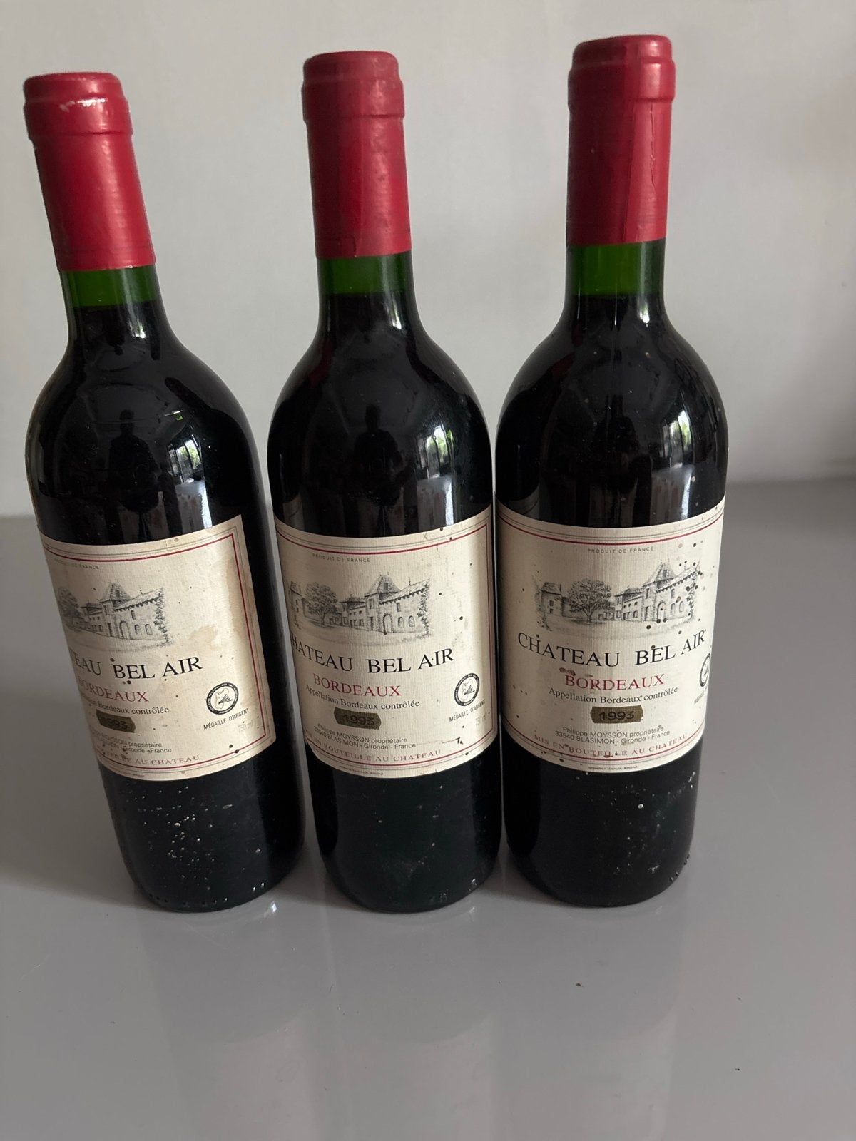 3 flessen Château Bel Air Bordeaux 1993, Gebruikt, Frankrijk, Ophalen of Verzenden, Rode wijn