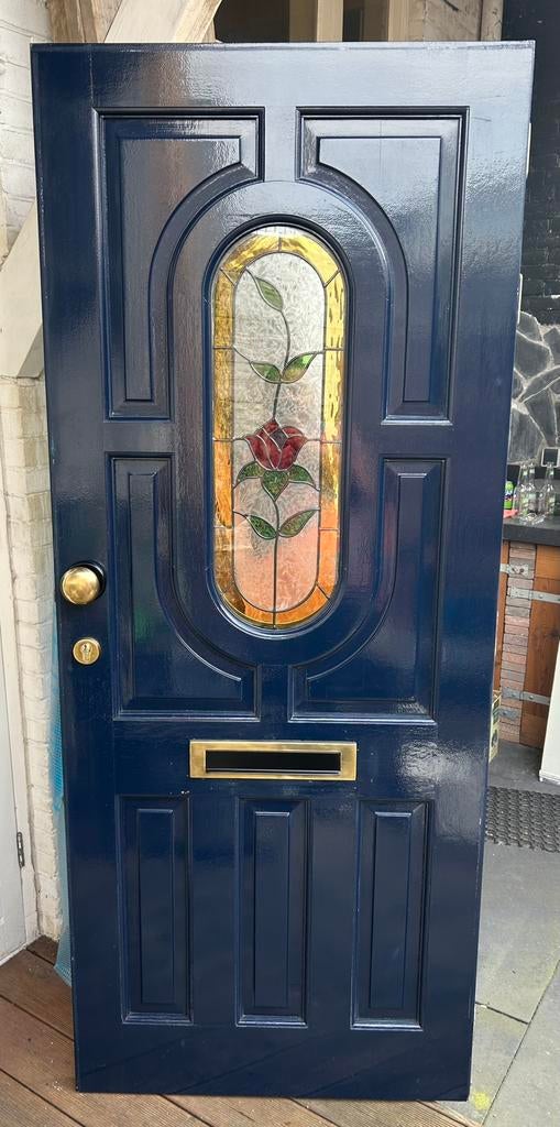 Voordeur Glas in Lood Merbau Hardhout in Goede Staat, Ophalen, Gebruikt, 80 tot 100 cm, Buitendeur