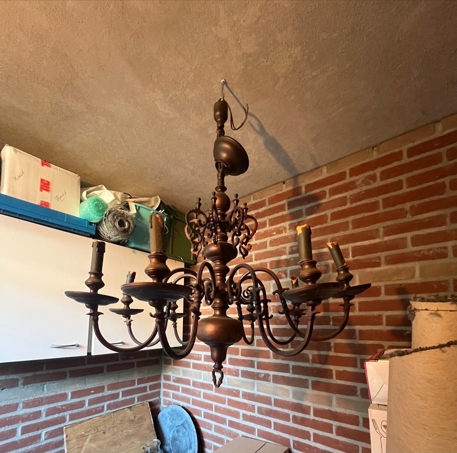 Antieke bronzen kroonluchter met 6 armen, Antiek en Kunst, Ophalen