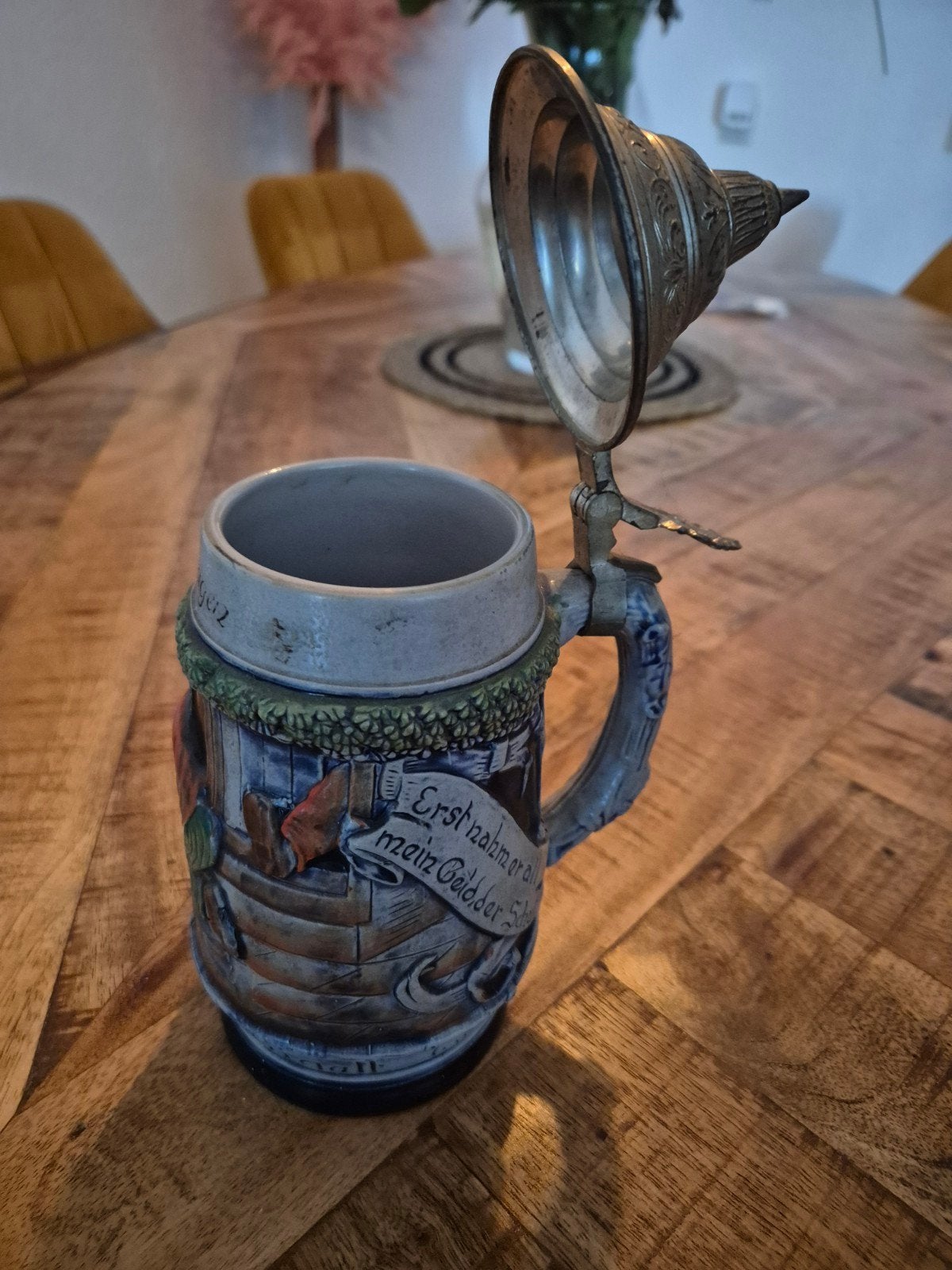 Antieke Duitse Bierpul met Tin Deksel - Remagen, Antiek en Kunst, Ophalen of Verzenden