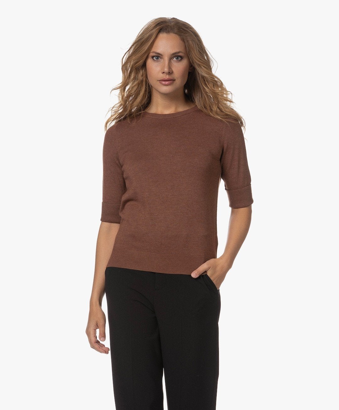 Prachtig fijn gebreid truitje met korte mouw REPEAT, Kleding | Dames, Truien en Vesten, Bruin, Ophalen of Verzenden, Zo goed als nieuw