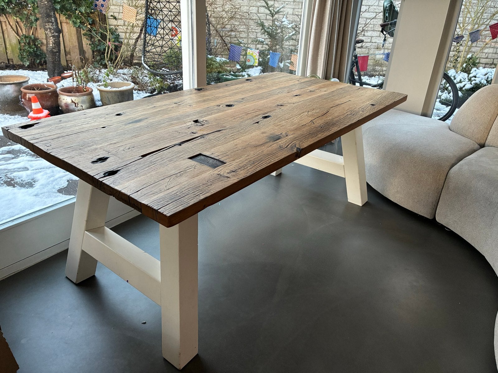 Eettafel van wagondelen, Huis en Inrichting, Ophalen, Gebruikt, Eikenhout, 50 tot 100 cm