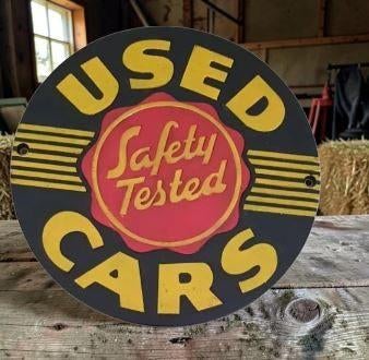 USED CARS SAFETY TESTED USA GIETIJZEREN RECLAME BORD SALE, Eu, Eu, Nieuw, Ophalen of Verzenden