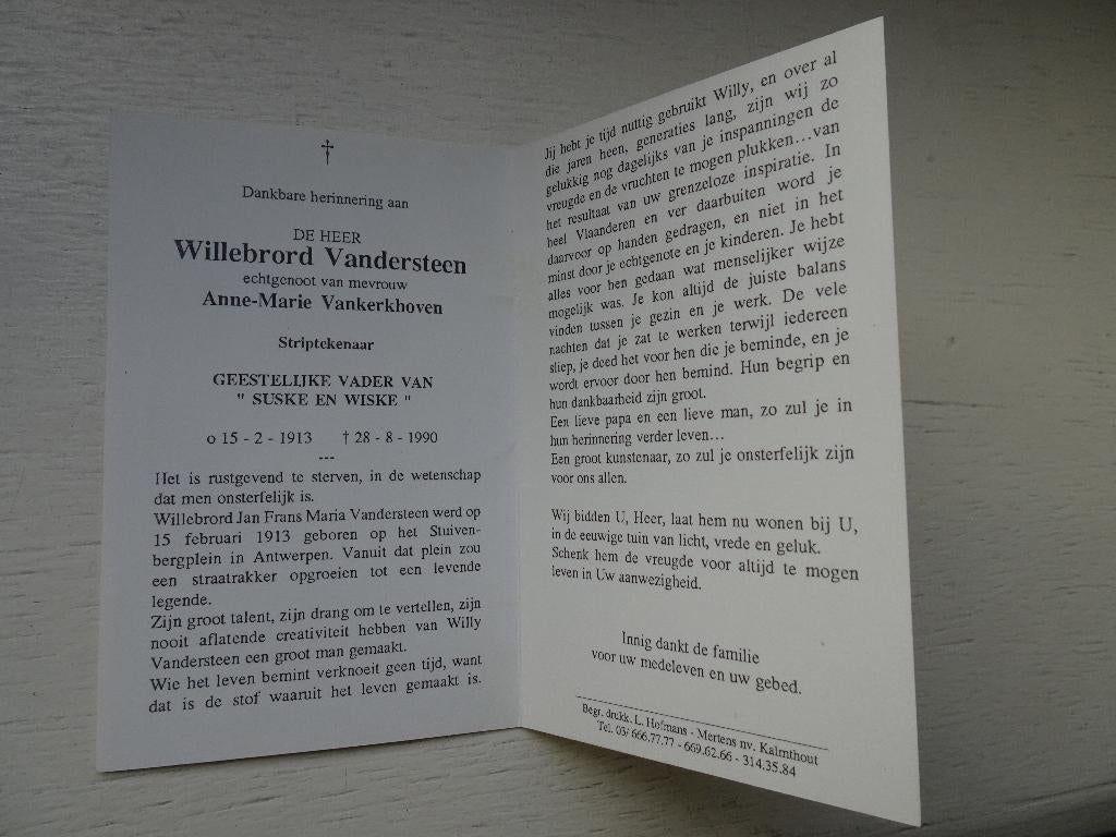 Suske en Wiske Bidprentje/doodsprentje Willy Vandersteen, Boeken, Willy Vandersteen, Eén stripboek, Nieuw, Ophalen of Verzenden
