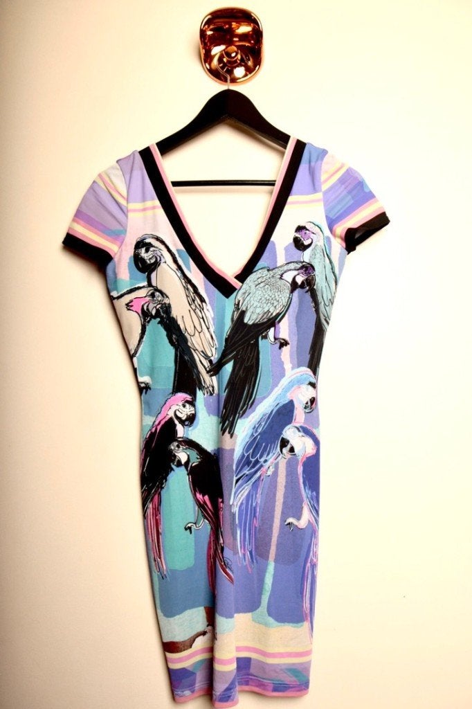 ROBERTO CAVALLI "papegaaien" jurk Maat XS Winkelprijs€800,-, Meerkleurig, Ophalen of Verzenden, Zo goed als nieuw, Roberto Cavalli