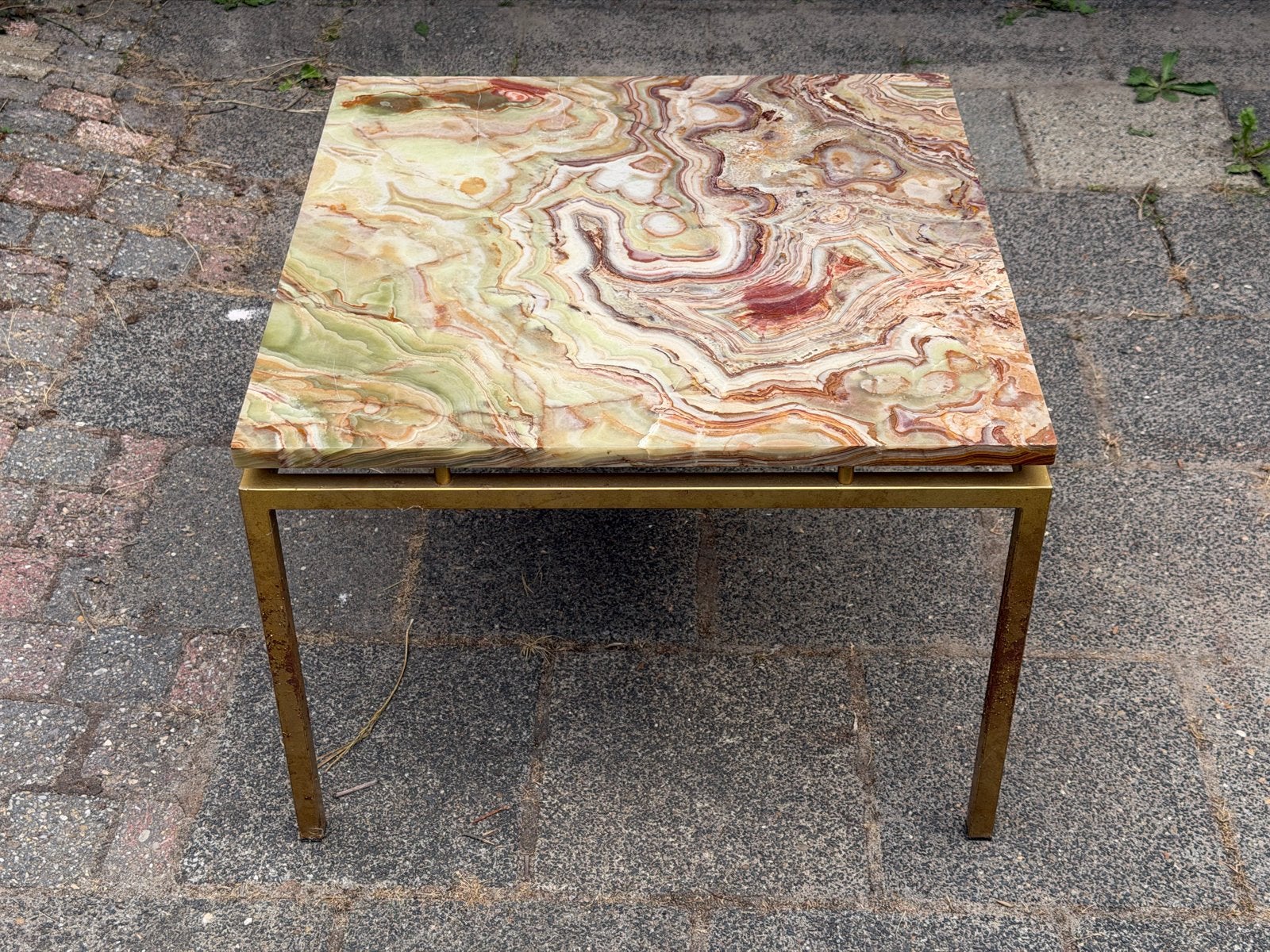 Vintage tafel met natuurstenen blad, Ophalen, Gebruikt, Vierkant, Metaal