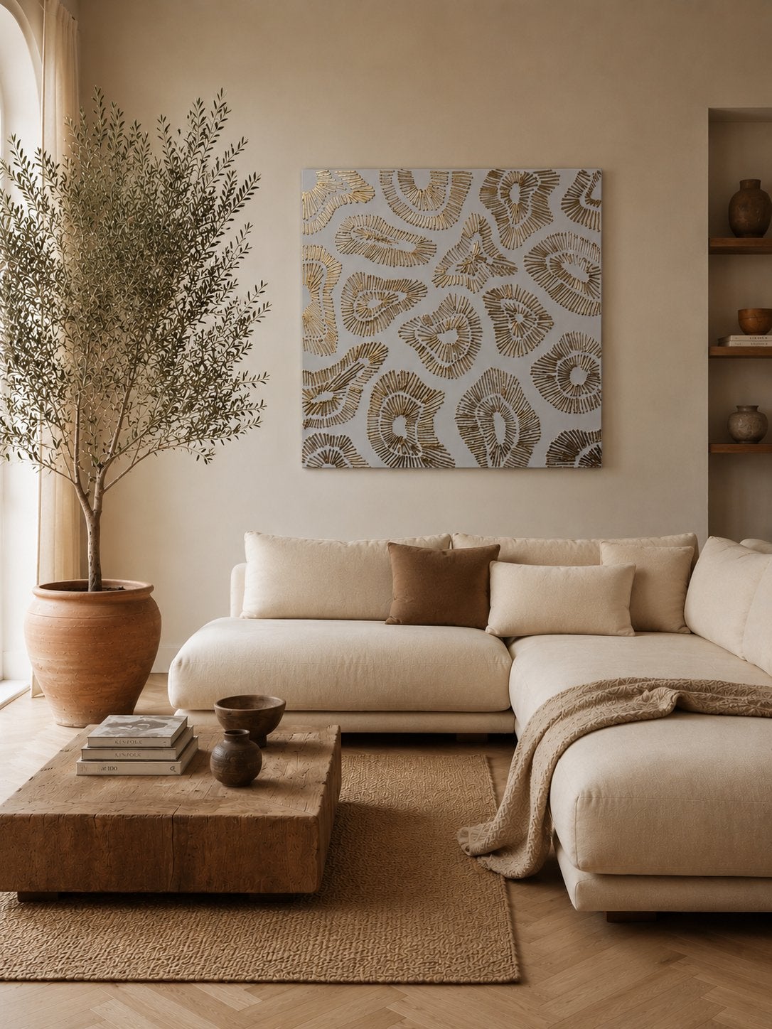 Schilderij paneel doek lijst 100x100cm goud japandi, Ophalen