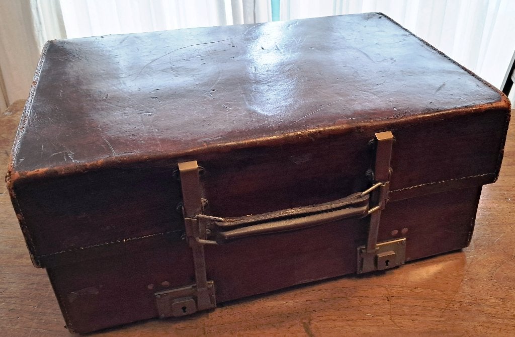 Luxe antieke leren verstelbare koffer, koperbeslag, 1910-20, Gebruikt, Ophalen of Verzenden, Minder dan 35 cm, Minder dan 50 cm