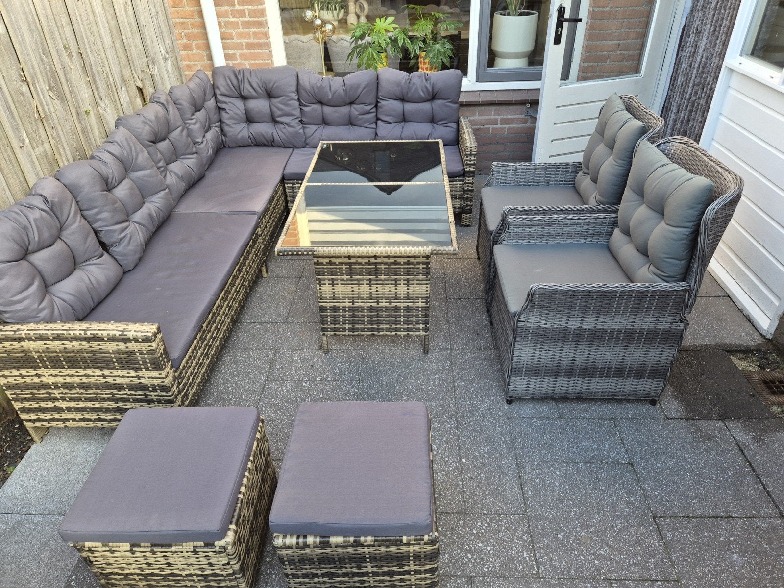 Loungeset met hoekbank, 2 stoelen, 2 krukjes, tafel, Tuin en Terras, Tuinsets en Loungesets, Ophalen, Gebruikt, Loungeset, Wicker