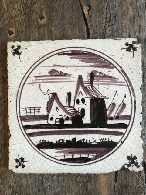 Antieke tegel met huisje paarstint 13x13cm, Antiek en Kunst, Curiosa en Brocante, Ophalen of Verzenden
