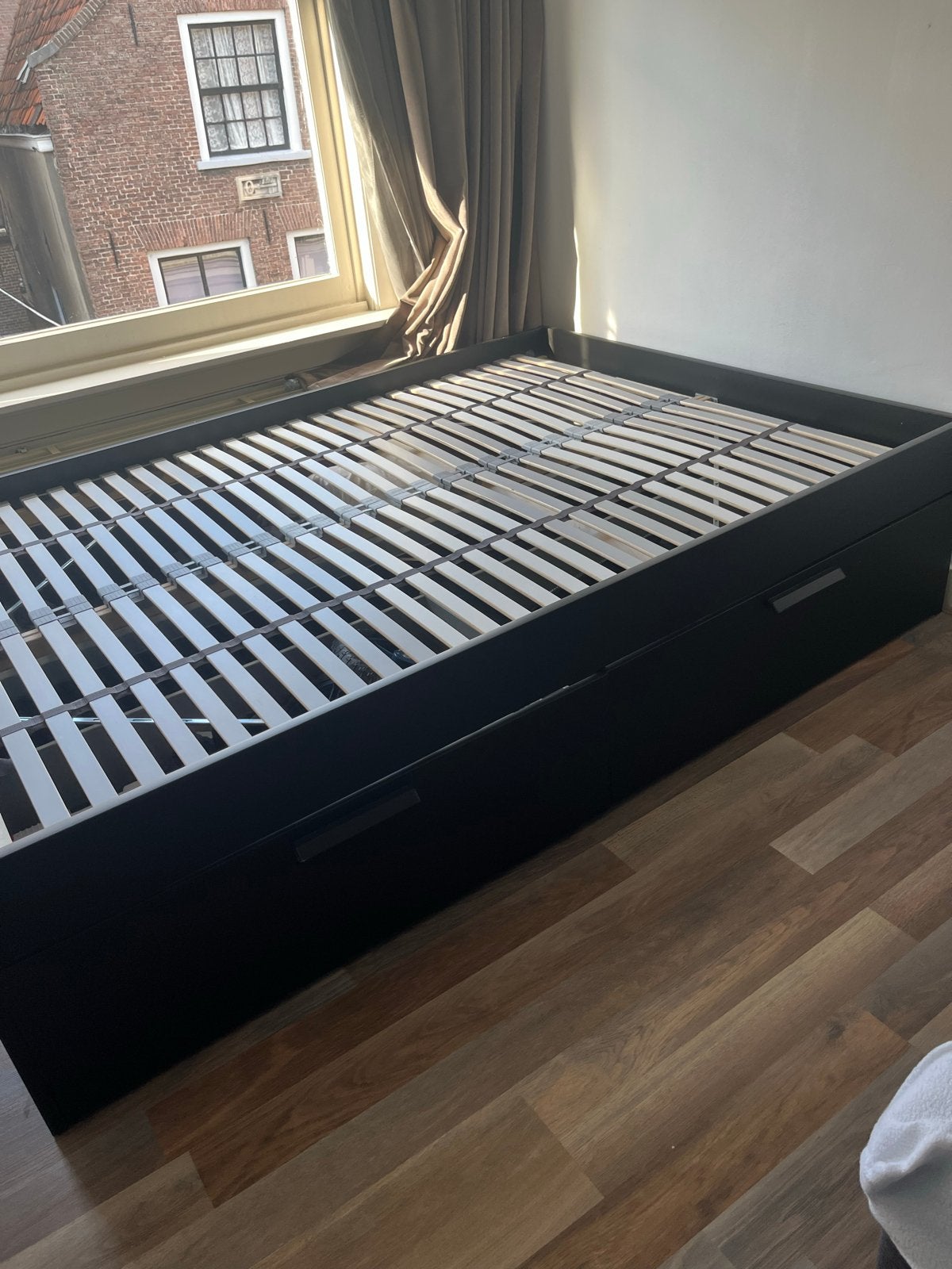 IKEA BRIMNES Twijfelaar Bed 140x200 met opberglades, Ophalen, Zwart, 140 cm, Zo goed als nieuw