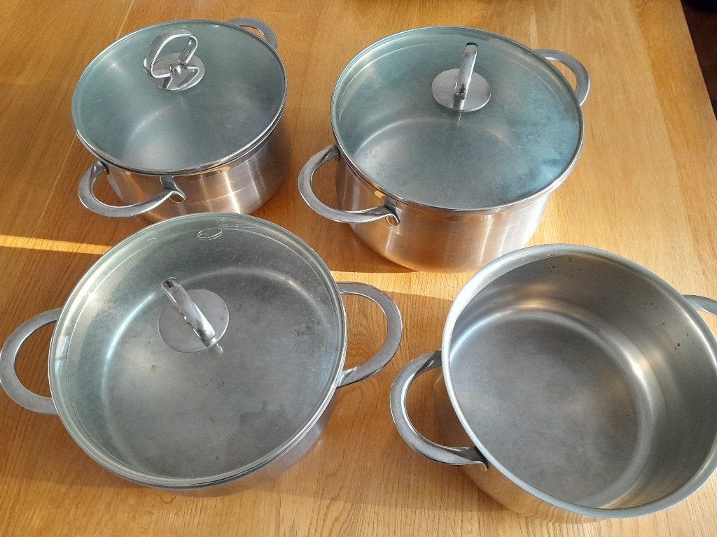 bk 4 delig pannenset met glazen deksel , rvs, Met handvatten, Ophalen of Verzenden, Rvs, Pannenset