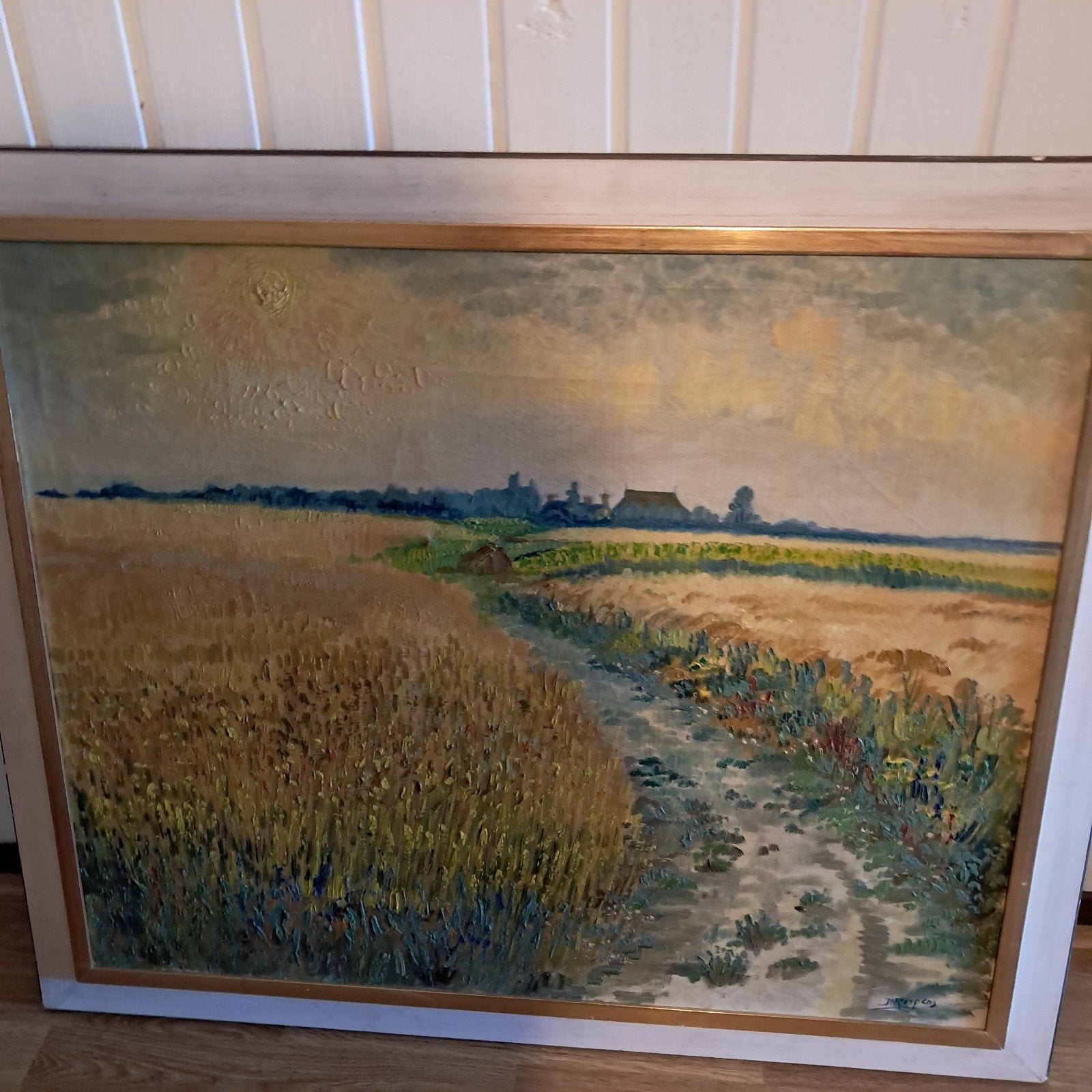 Schilderij J. Rispens - Landschap met korenveld, Ophalen, Doek, Realistisch, Origineel werk