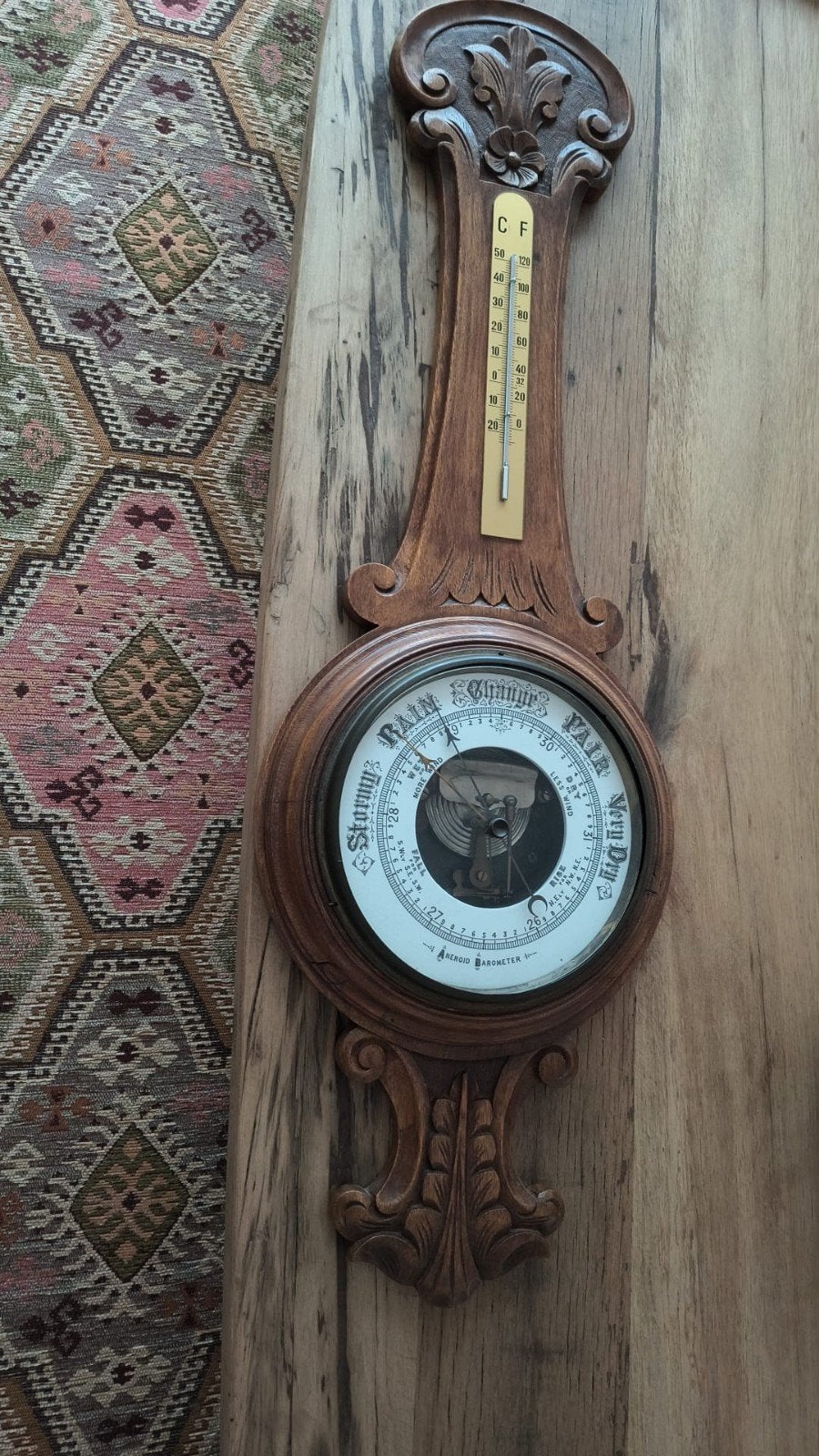 Antieke Barometer met Houtsnijwerk - 87x28 cm, Ophalen